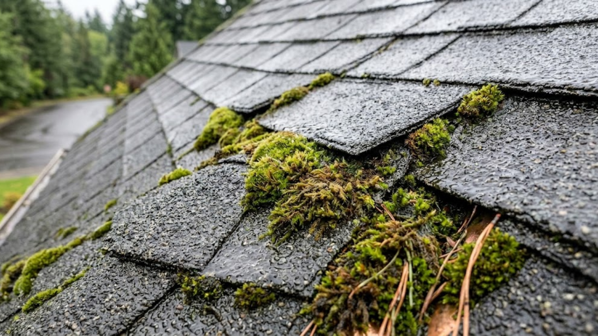 moss buildup causing roof damage on asphalt shingles