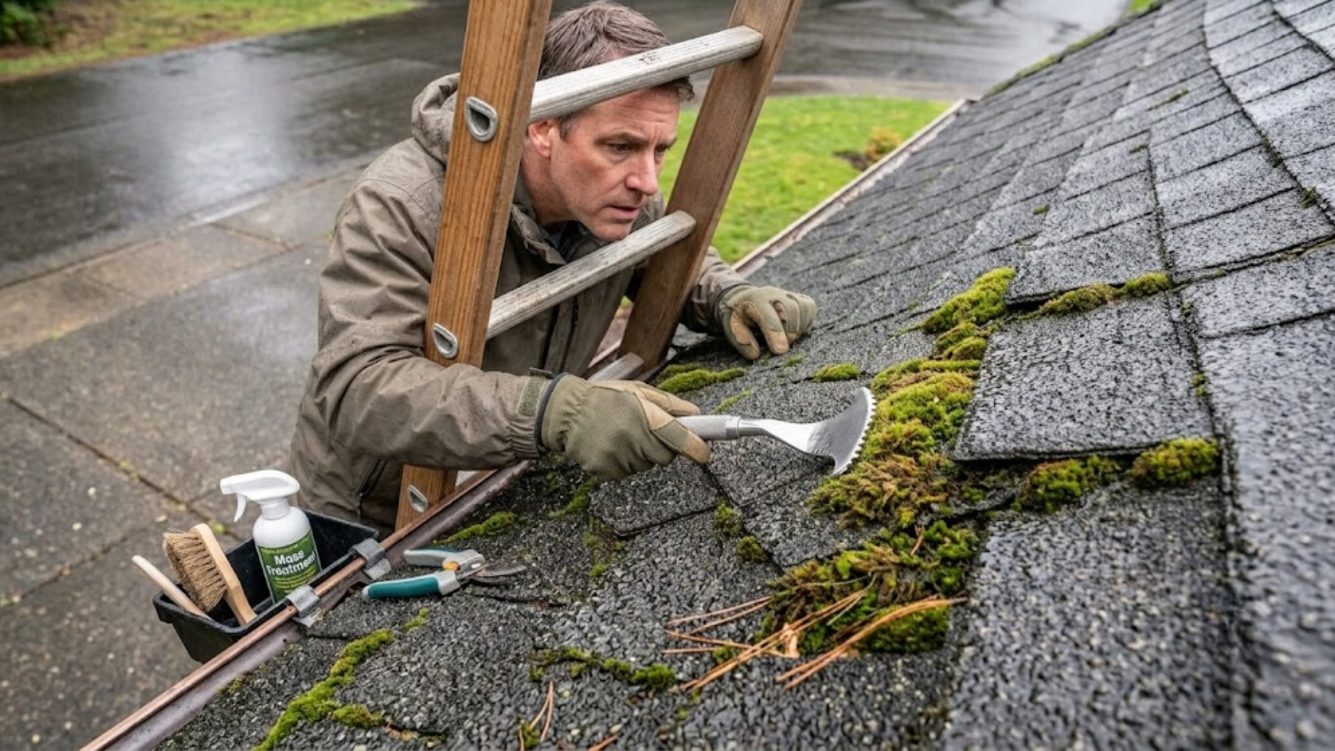 homeowner avoiding roof moss removal mistakes