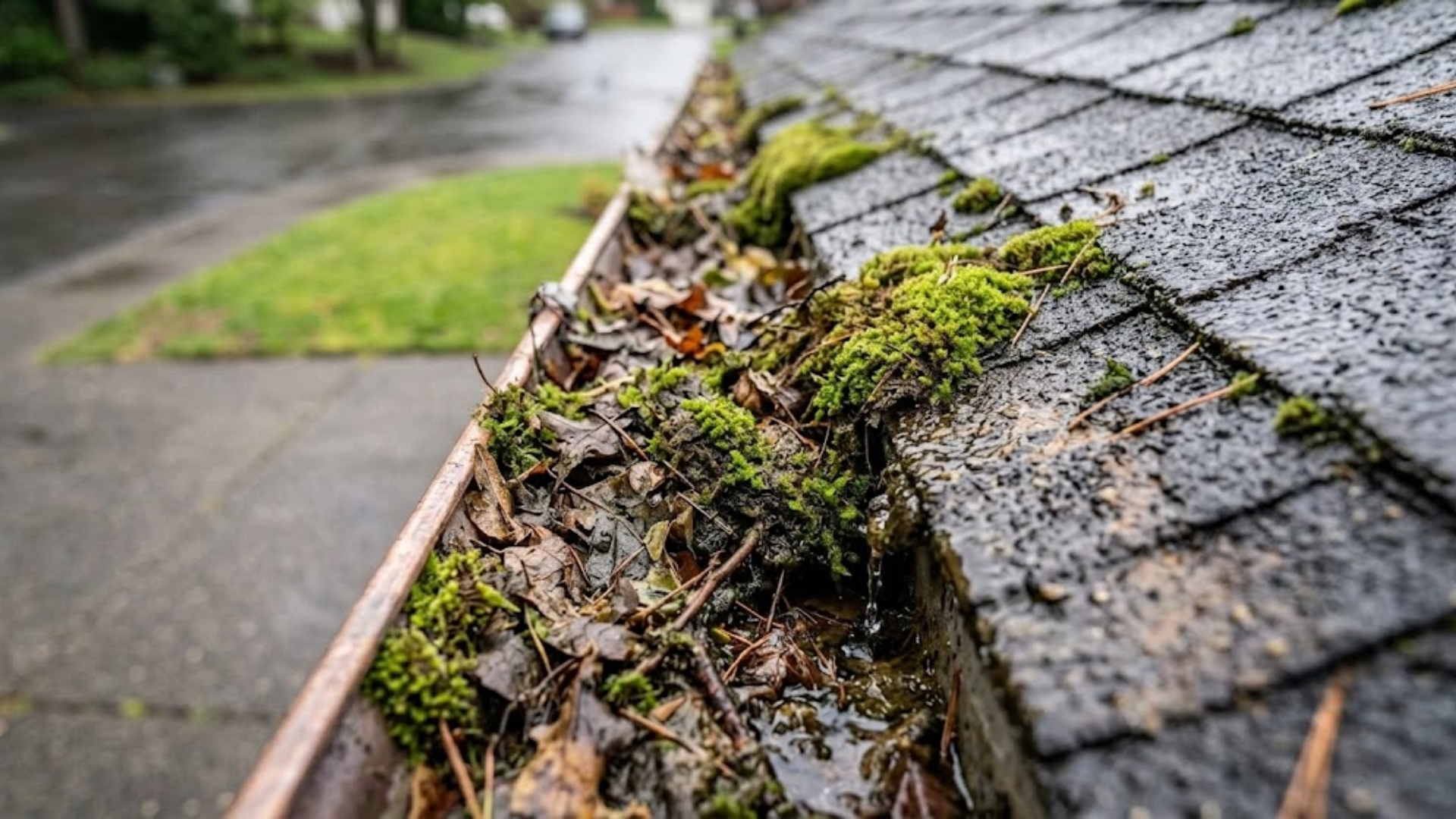 clogged gutters contributing to moss buildup and roof damage