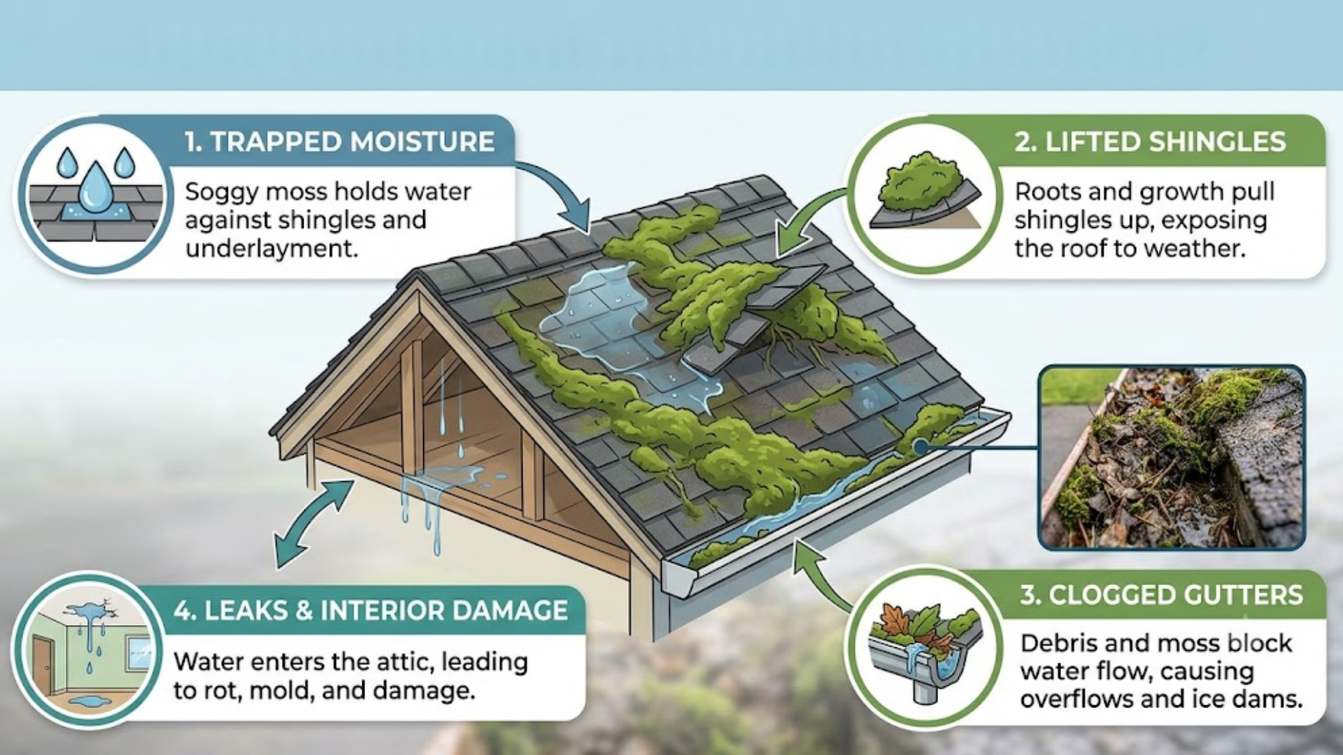 roof moss removal infographic showing roof damage risks