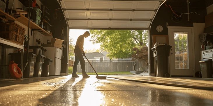 Person sweeping water out of a garage with the garage door open, sunlight shining through.