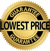 Gold seal: Lowest price guarantee. Black text on gold, surrounded by golden stars.