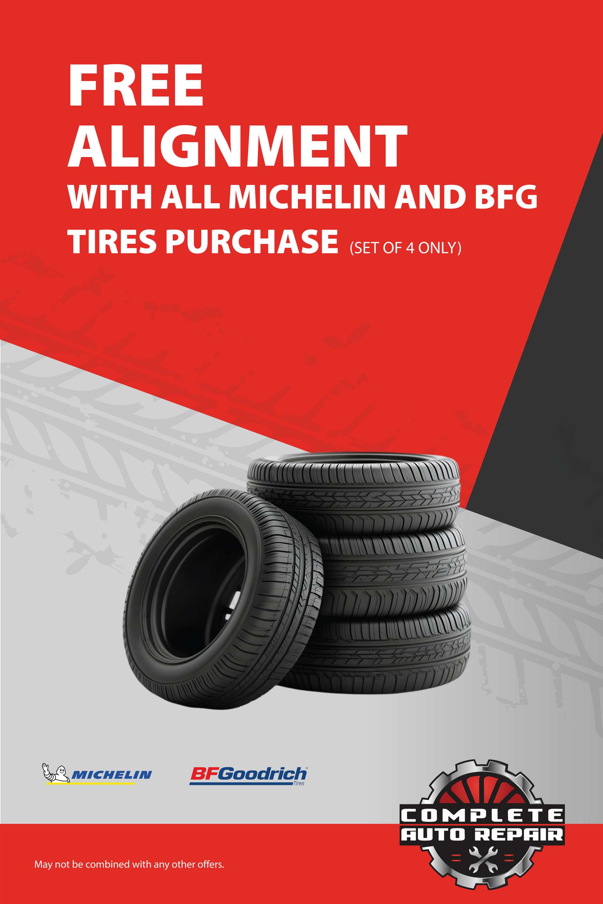 Advertisement for free alignment with Michelin and BFGoodrich tires purchase. Stacked tires on red and black background. | Complete Auto Repair