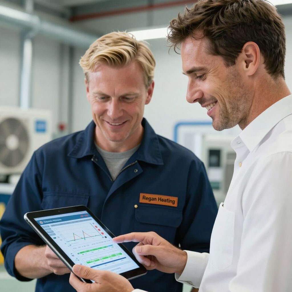 Two men looking at a tablet showing data in a workshop setting. One man wears blue work clothing.