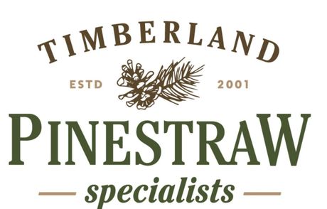 A logo for timberland pinestraw specialists with a pine branch