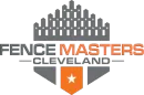 Logo for Fence Masters Cleveland: gray and orange shield with fence design above text and a star.