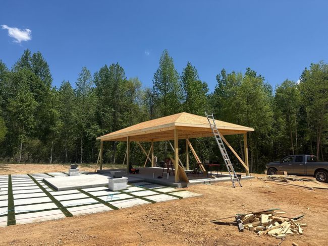 Freestanding timber patio cover during construction