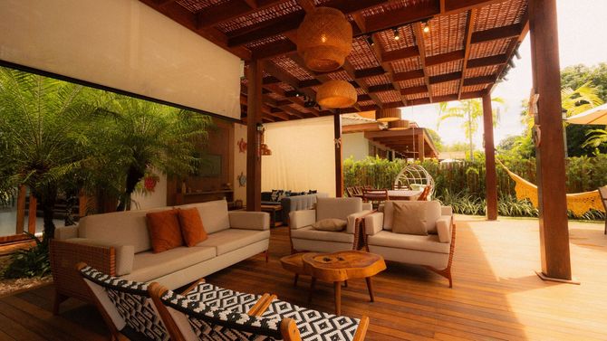 Covered wood deck with outdoor seating