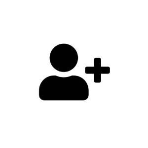 A black and white icon of a person with a plus sign.