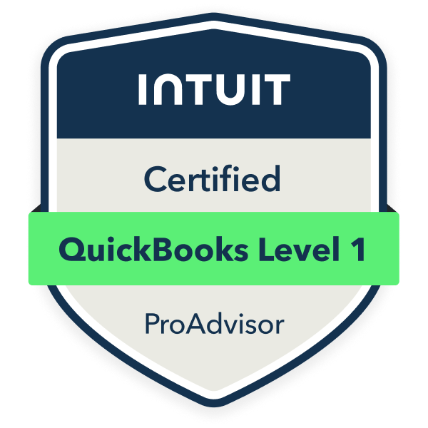 A badge that says ' intuit certified quickbooks level 1 proadvisor ' on it