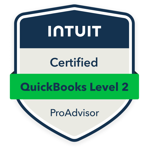 A badge that says ' intuit certified quickbooks level 2 proadvisor ' on it