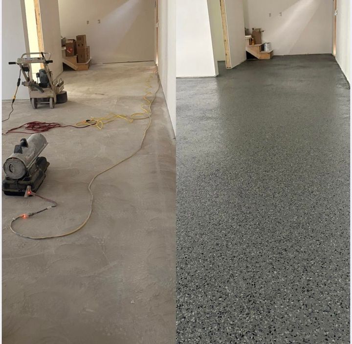 Split view of a hallway floor before and after resurfacing: worn concrete on left, speckled gray finish on right.