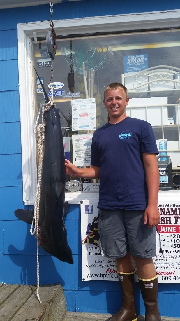 Man standing beside a hanging large fish outside a blue storefront