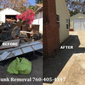 Before-and-after shot: Cluttered yard transformed to a clean yard; Junk removal company's work.
