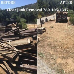 Before-and-after of junk removal: pile of wood debris cleared from a yard by a junk removal service.