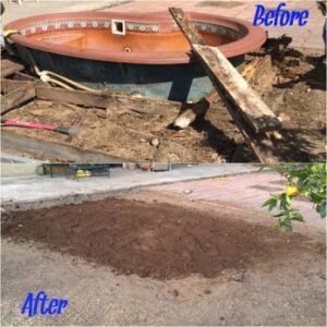 Before-and-after of a pool demolition. The pool's base and surrounding debris are removed, replaced with a patch of dirt.