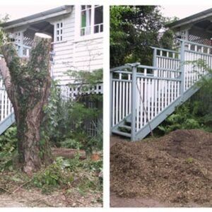 Two views of a white house with a deck. A tree stump is in the first view.