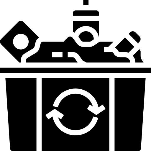 Black recycling bin filled with trash, with a recycling symbol on the front.