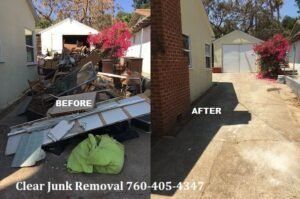 Before and after comparison of a backyard cleanup, with piles of junk on the left and a clean driveway on the right.