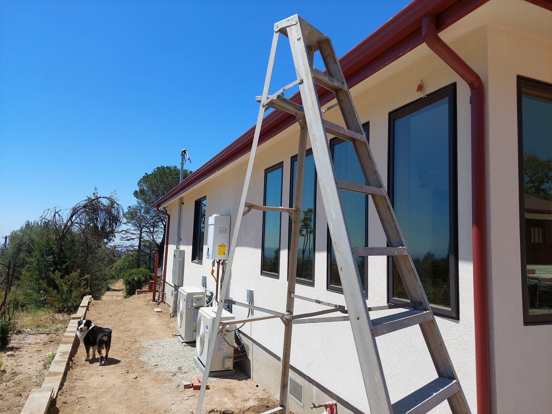 Workers on ladders painting a white house exterior beside a dirt path under a blue sky
