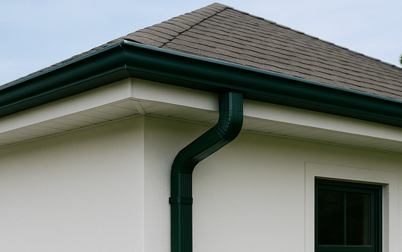 House roof corner with green gutter and downspout against a white exterior wall