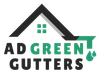 Ad Green Gutters logo with black and green house roof and gutter with water drops