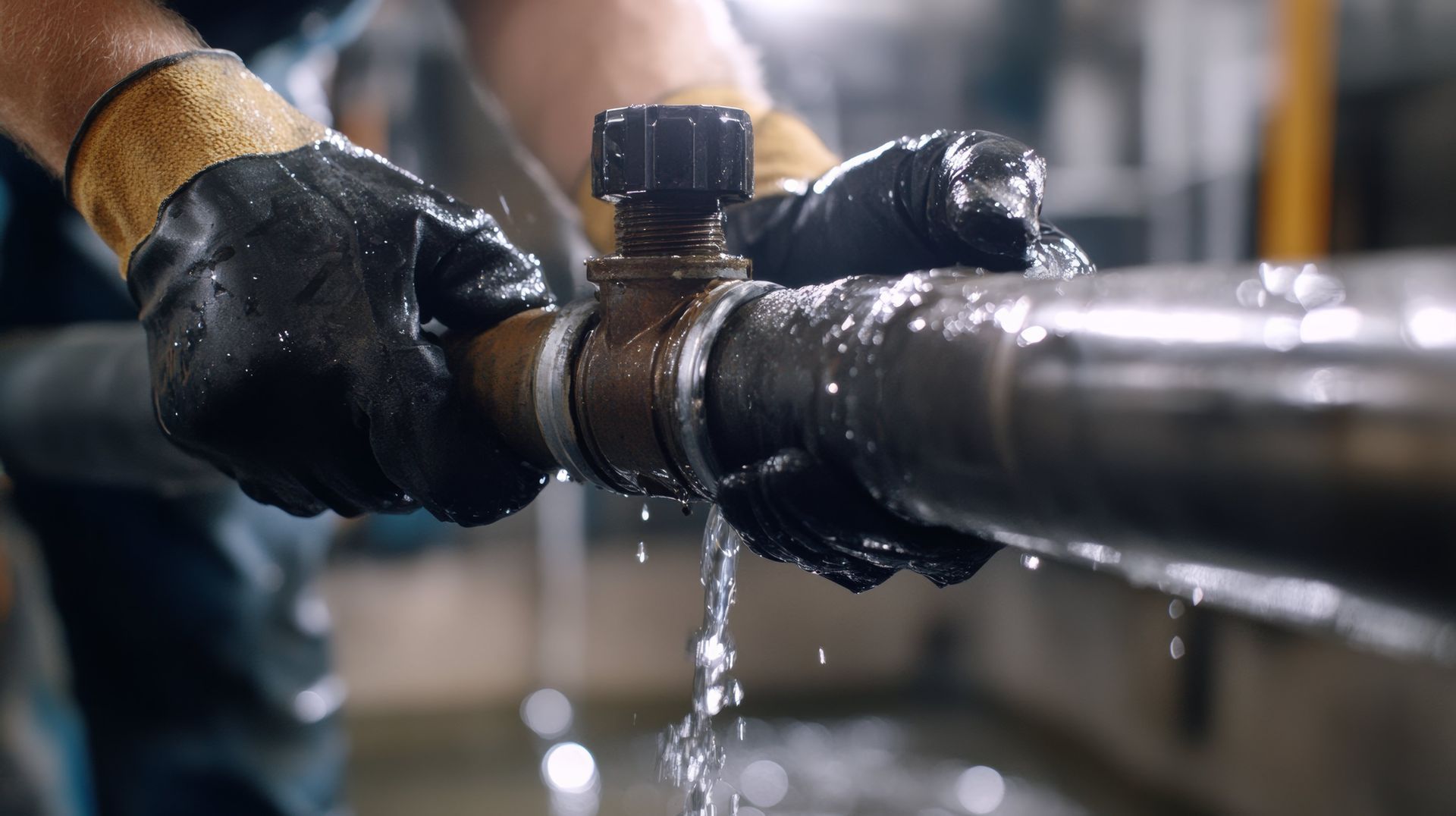 Gloved hands tightening a pipe coupling with water dripping from the joint