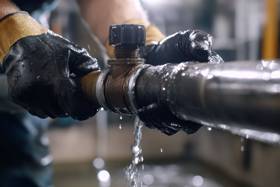 Gloved hands tightening a leaking pipe valve as water drips onto the floor
