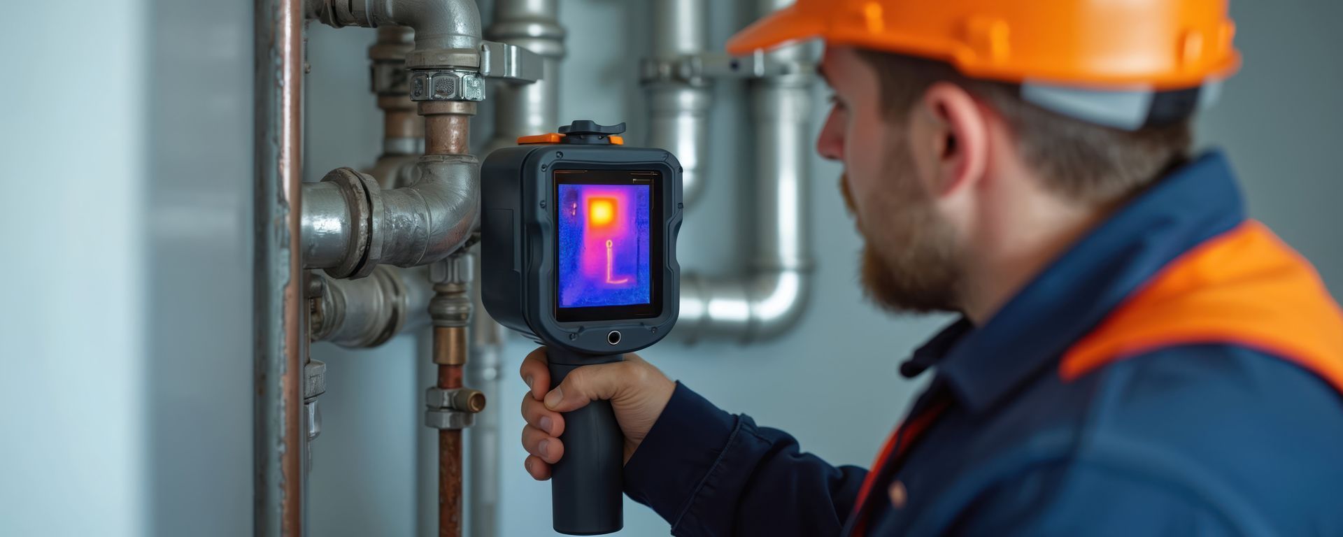 Technician in orange hardhat inspecting pipes with a thermal camera in an industrial setting