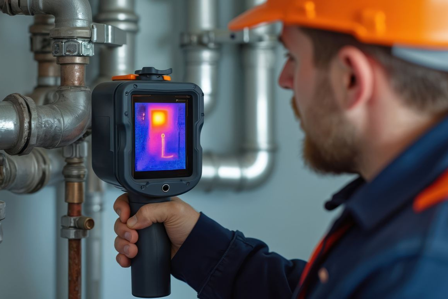 Technician inspecting industrial pipes with a thermal camera in a factory setting