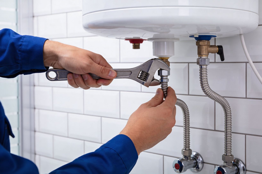 Plumber tightening a sink pipe under a white bathroom sink with an adjustable wrench