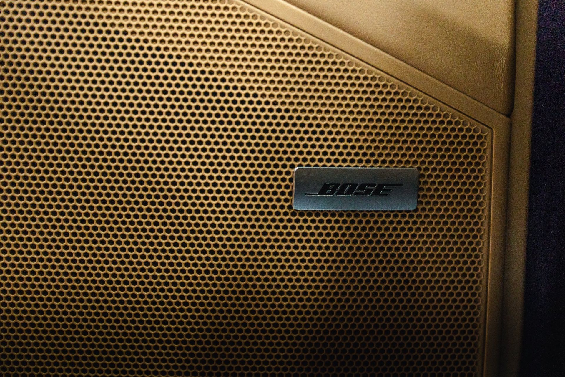 Close-up of a gold Bose speaker grille with a small metal logo badge