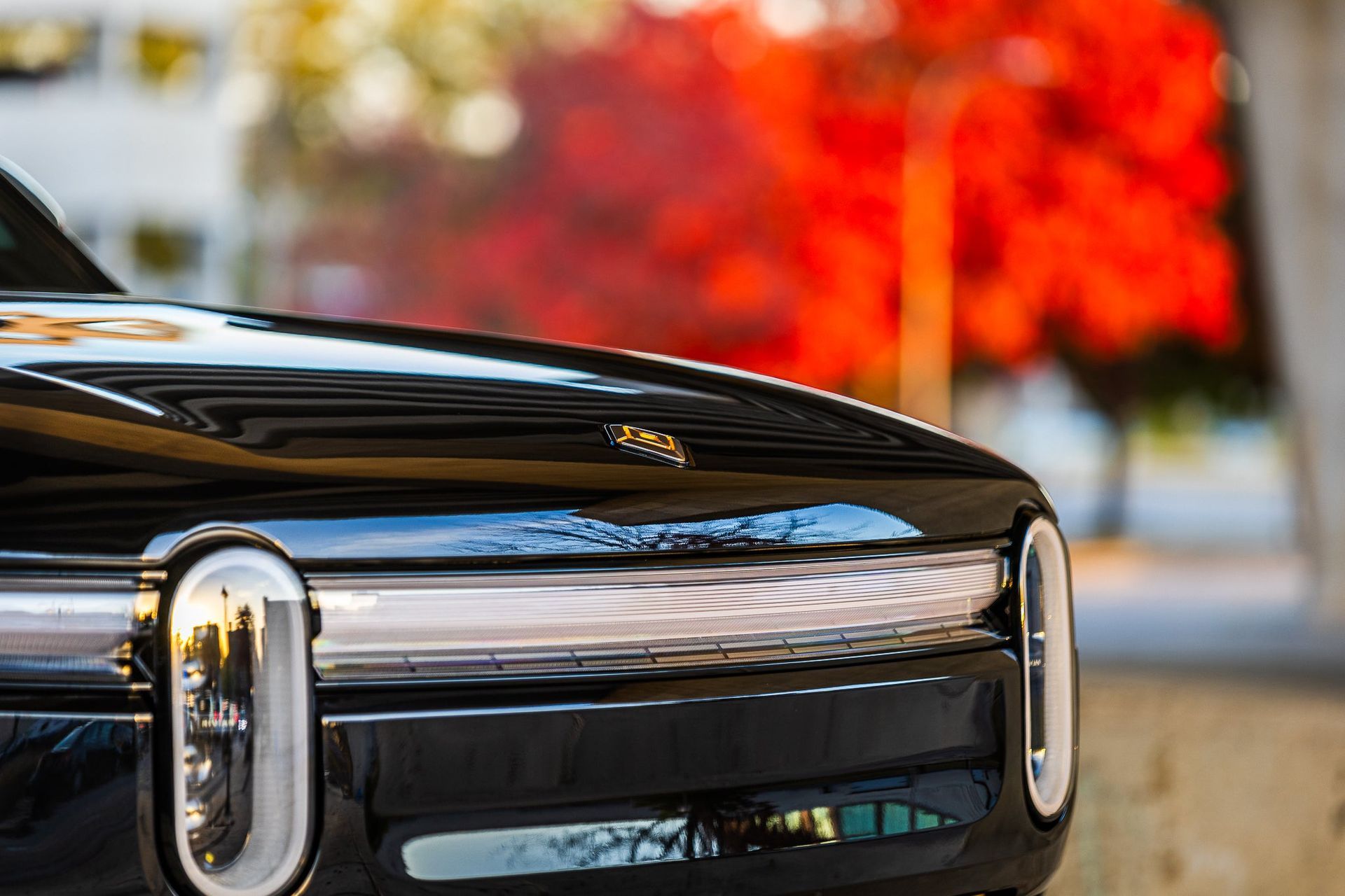 Close-up of a black vintage car front with chrome headlights and red autumn trees in the background