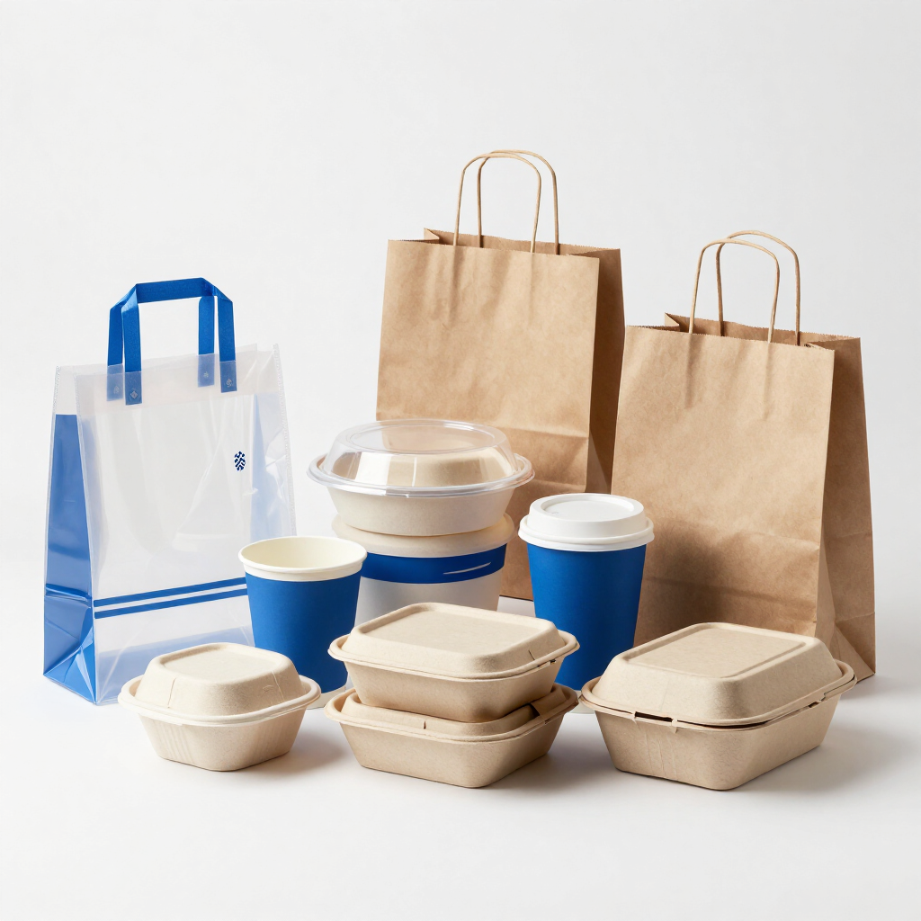Envases desechables para alimentos, vasos de café y bolsas de papel para comida para llevar sobre un fondo blanco
