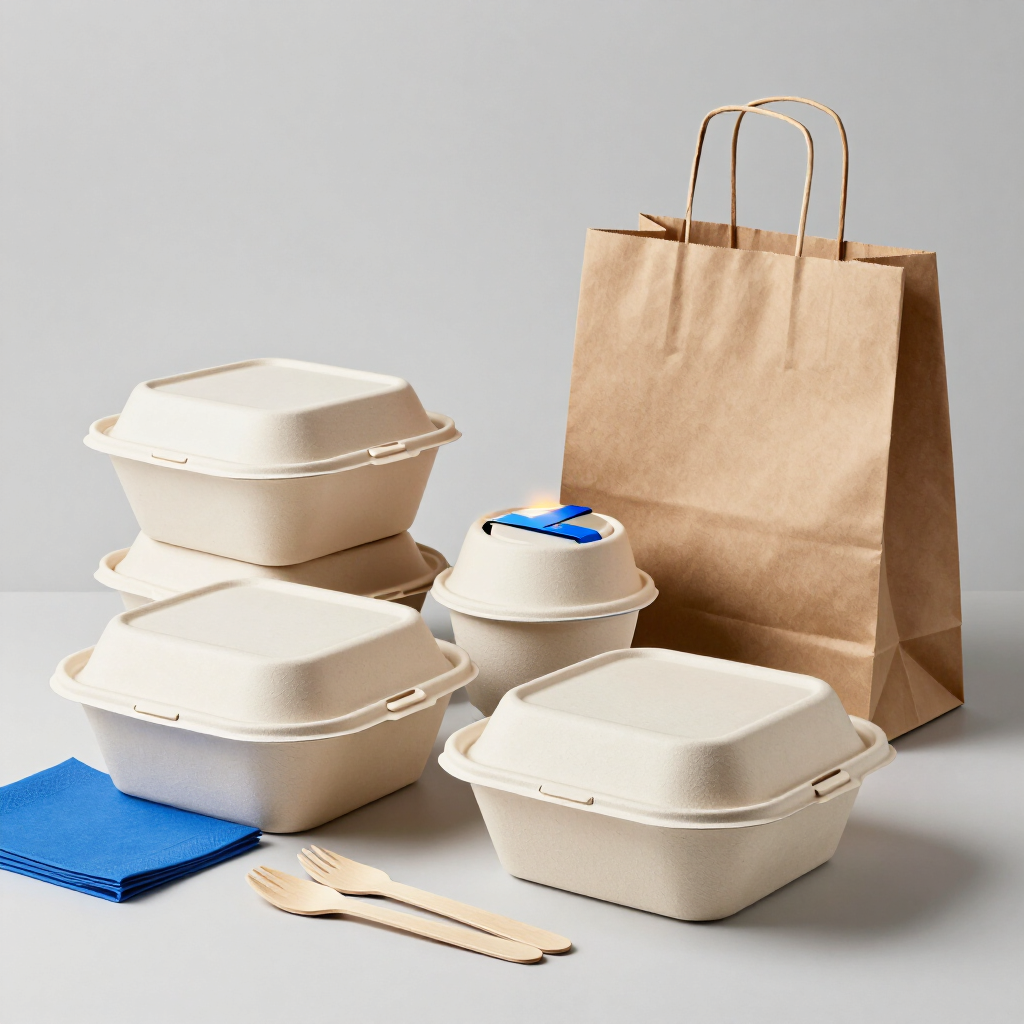 Envases para llevar, cubiertos de madera, una servilleta azul y una bolsa de papel marrón sobre un fondo gris
