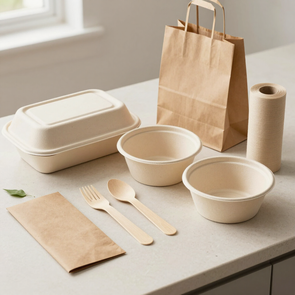 Envases desechables ecológicos para alimentos, una bolsa de papel, cubiertos y servilletas sobre una mesa clara