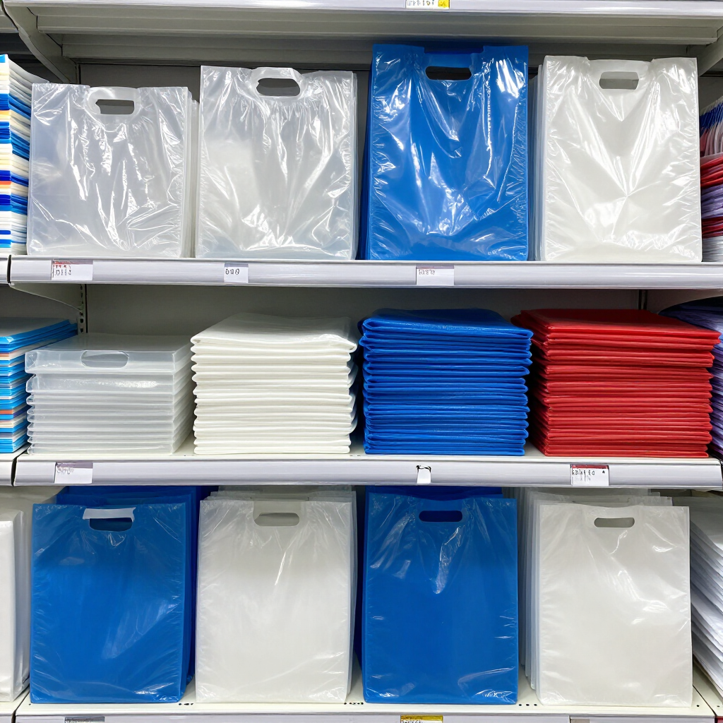 Expositor de bolsas de plástico para la compra en una tienda, apiladas en blanco, azul y rojo
