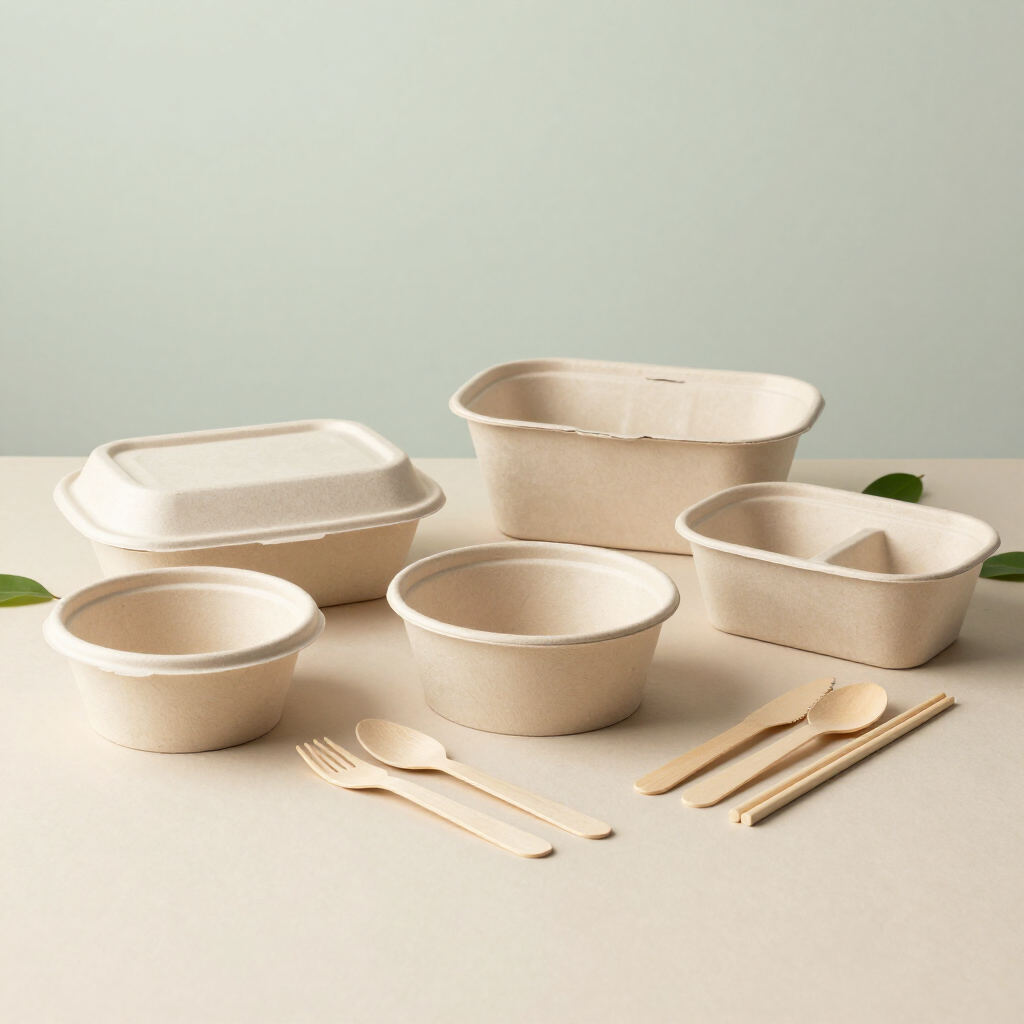 Envases compostables para alimentos de color beige y utensilios de madera variados, dispuestos sobre una superficie clara