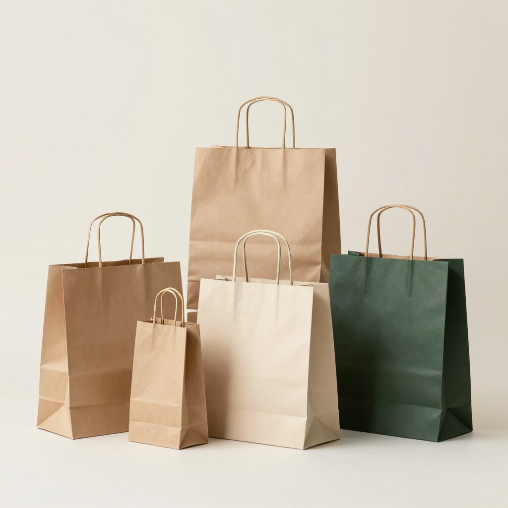 Cinco bolsas de compras en tonos marrón, crema y verde sobre un fondo blanco