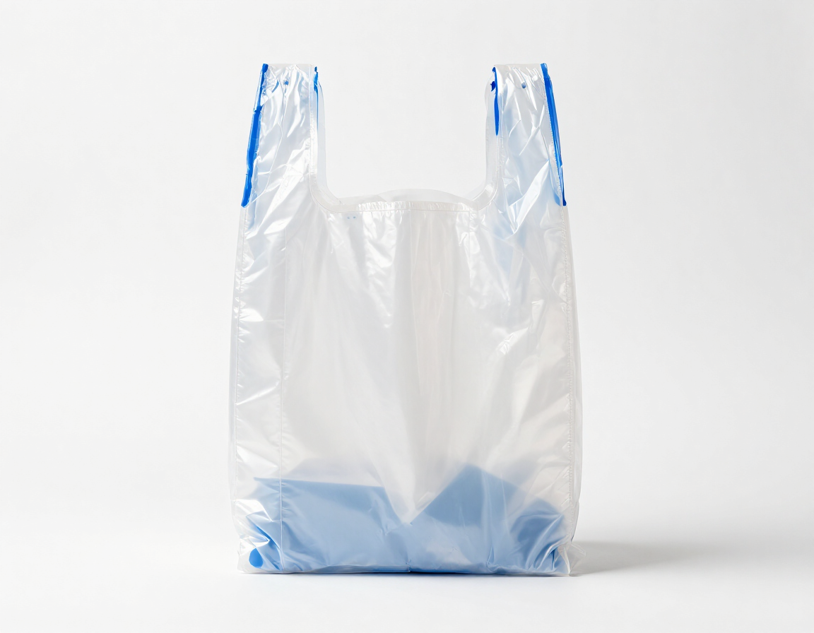 Bolsa de plástico transparente para la compra con detalles azules sobre un fondo blanco