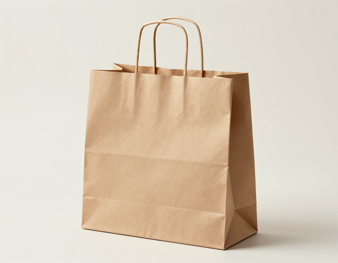 Bolsa de papel kraft con asas retorcidas sobre un fondo claro y liso