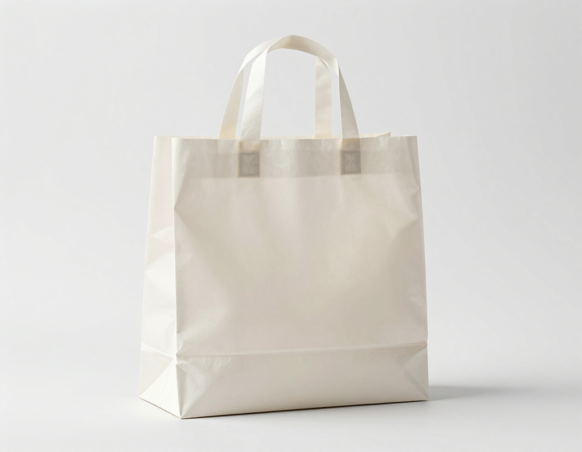 Bolsa de papel blanca con asas sobre un fondo claro