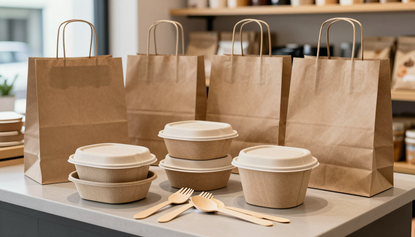 Envases para llevar y cubiertos de madera delante de bolsas de papel marrón sobre una mesa