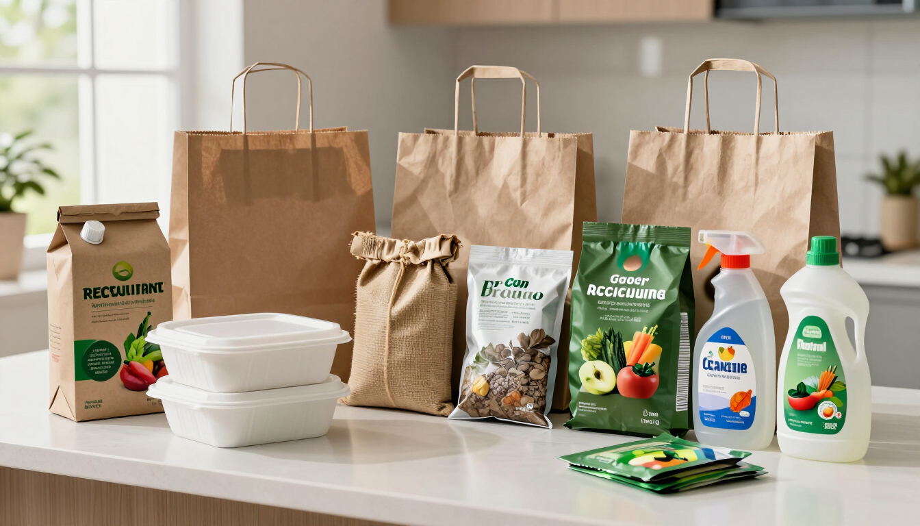 Bolsas reutilizables para la compra, bolsas de papel para llevar y alimentos dispuestos sobre la encimera de la cocina