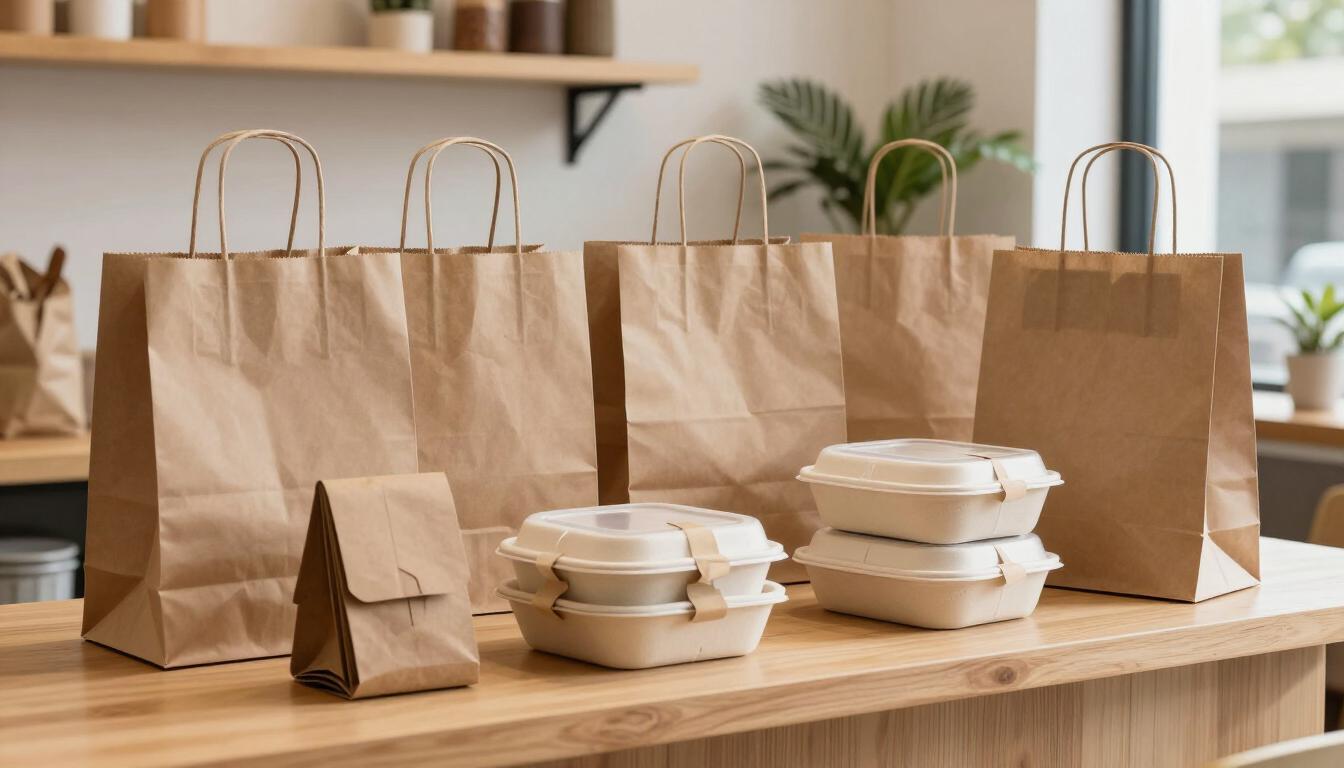 Bolsas de papel para la compra y recipientes de comida para llevar apilados sobre una mesa de madera en una cocina
