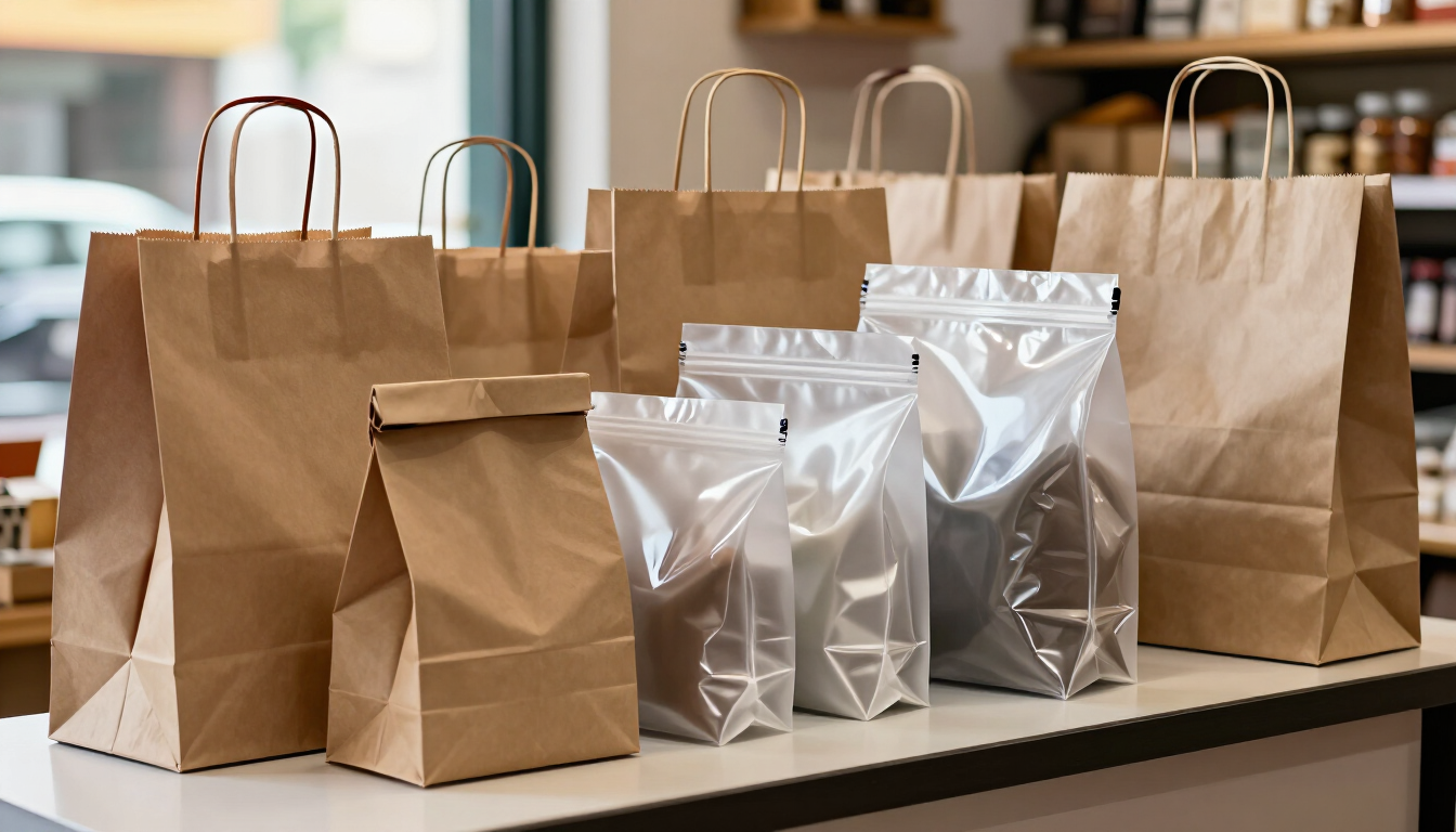 Bolsas surtidas de papel marrón y plateadas, colocadas sobre una mesa en un entorno de embalaje