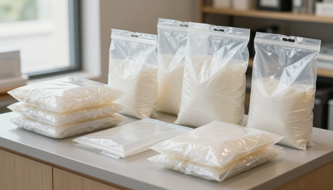 Bolsas transparentes de plástico con polvo blanco y paquetes apilados sobre una mesa en un espacio interior
