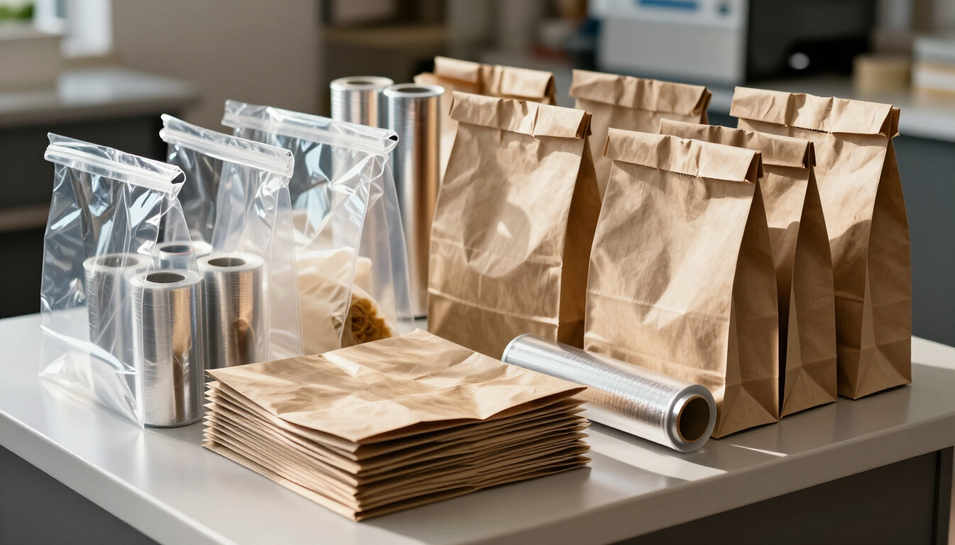 Envases y bolsas reutilizables de papel y plástico transparente para alimentos, colocados sobre una encimera
