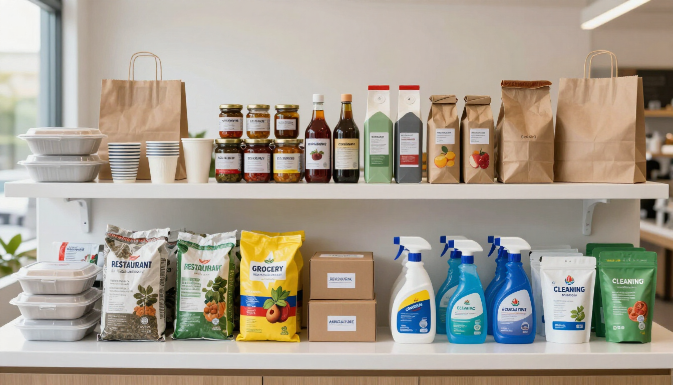 Dos estantes con diversos alimentos y productos de limpieza en una cocina o zona de almacenamiento luminosa