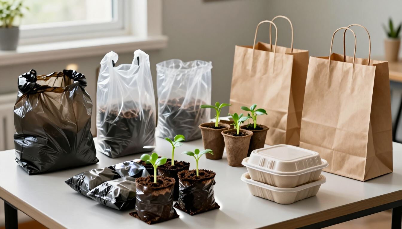 Bolsas reutilizables y envases compostables para comida para llevar sobre una mesa, junto a pequeñas plántulas en macetas